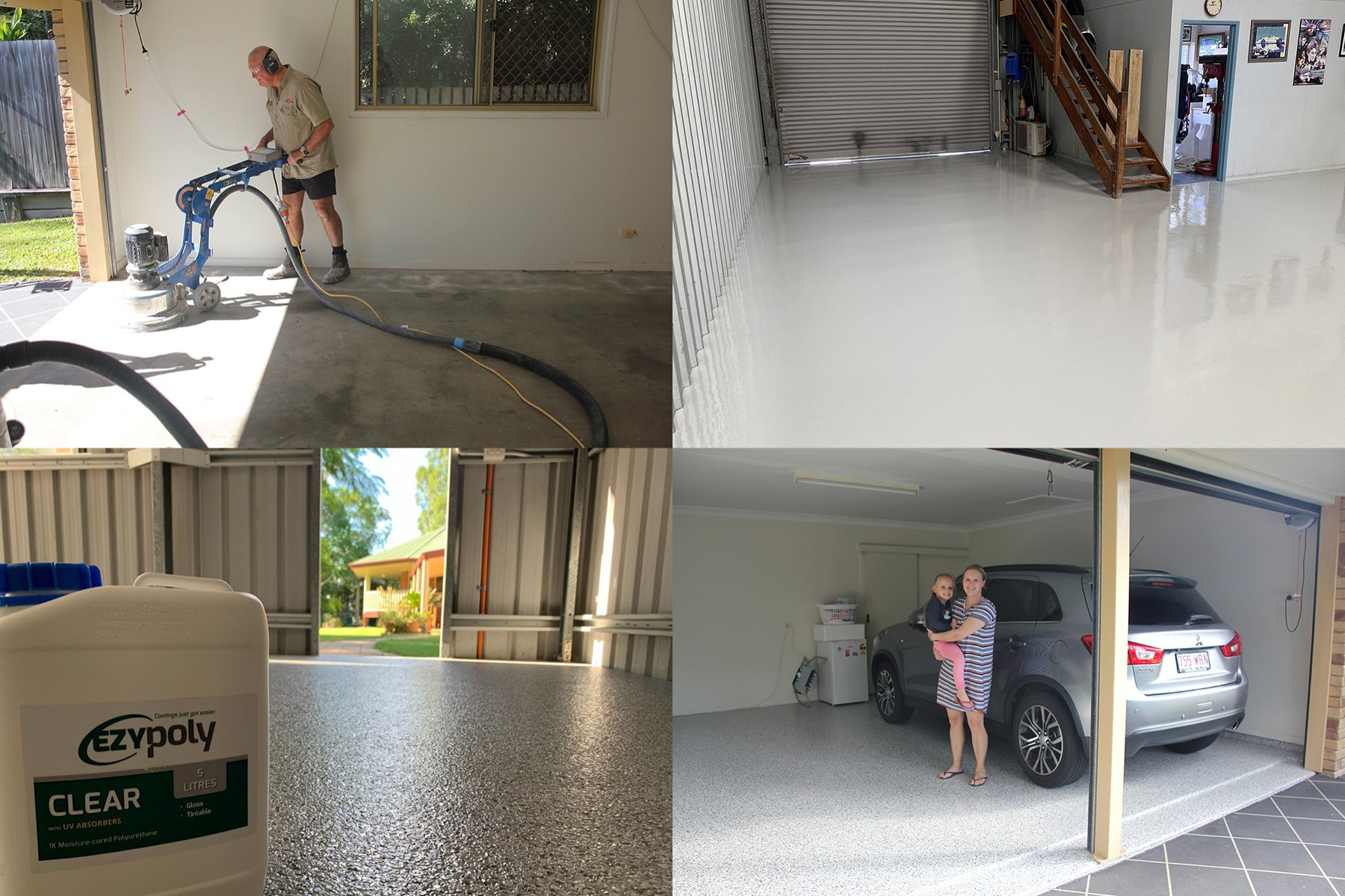 A composite image showing an epoxy flooring business owner working and some finished floors that are typical of this type of business.