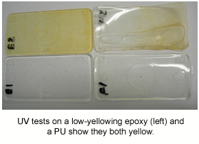 Samples of epoxy resin being tested for yellowing under UV exposure.