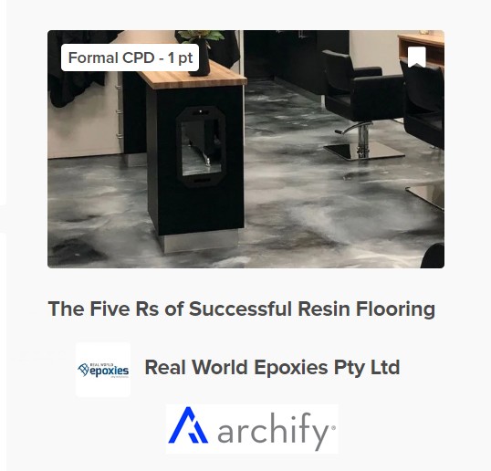 A screenshot of the resin flooring CPD from Real World Epoxies that has been published on the Archify platform for architects.
