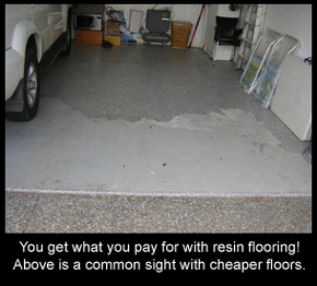 Cheap resin flooring falling off a residential garage floor.