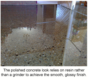 An example of a the polished concrete look that can be achieved through the application of epoxy resins rather than mechanical grinding.