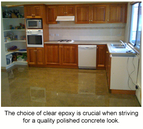 An example of the polished concrete look in a kitchen with the high-quality, high-gloss finish of the epoxy resin used on display.