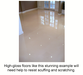 An example of a high-gloss epoxy floor that would benefit from measures to help protect it from scratching and scuffing.