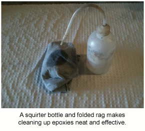 A squirter bottle and folded rag, which make the perfect combination when it comes to cleaning up epoxies.