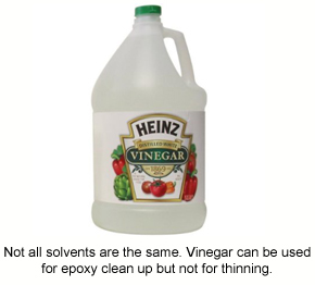 A bottle of vinegar, which can be used to clean up epoxies, however isn't a good solvent for thinning.