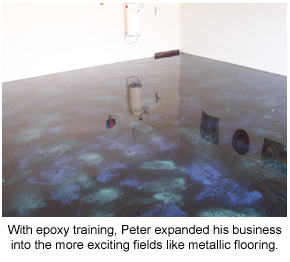 A galactic-looking metallic epoxy floor in a garage that was installed by a rejuvenated contractor who was previously stuck in a professional rut.