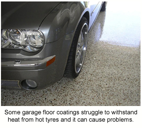 A high-quality flake floor in a garage with no signs of hot tyre pick-up.