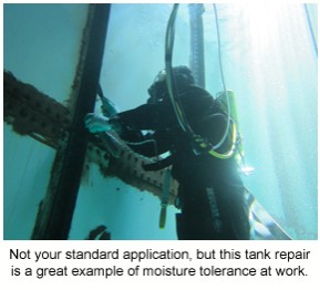 A diver using underwater epoxy coatings to conduct repairs on a water tank.