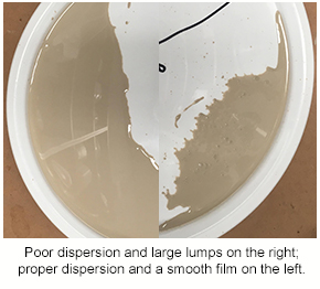 An image showing poor dispersion with large lumps on the right, compared to good dispersion and a smooth film on the left.