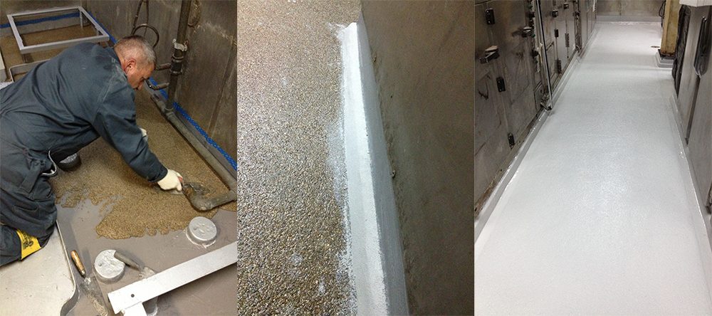 A composite image showing an installer trowelling the floor down, a close up of the coving installed, and the finished non-slip system in the galley.