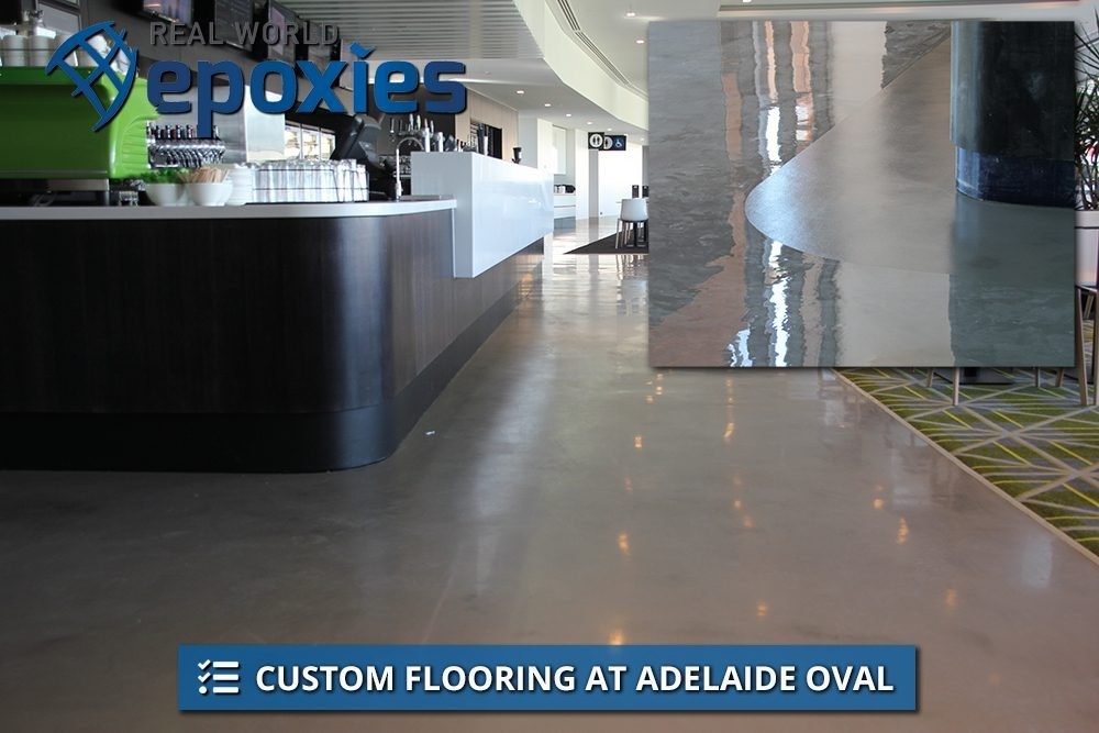 A custom epoxy floor at an Adelaide Oval bar, including an inset photo of the non-slip area around the service area.