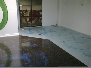 A photo of the completed decorative epoxy floor before the office furniture had been moved back in.