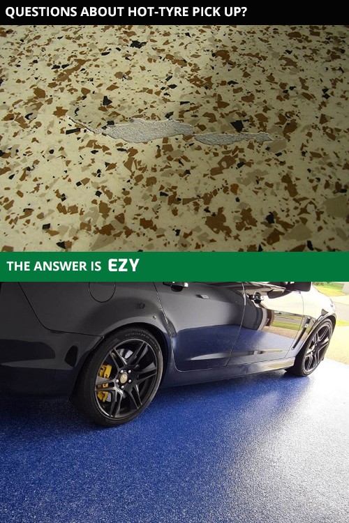 Two photos showing a peeling epoxy flake floor on top and Garage Granite with a parked sports car and hot tyres on the bottom.