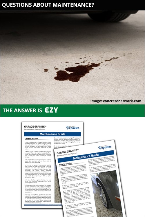 Two photos showing an oil spill on a garage floor and the Garage Granite maintenance guide.