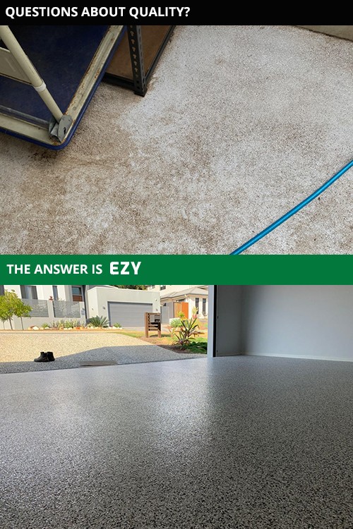 Two photos showing staining of a garage floor and low-angle shot showing the beautiful, even finish of Garage Granite.