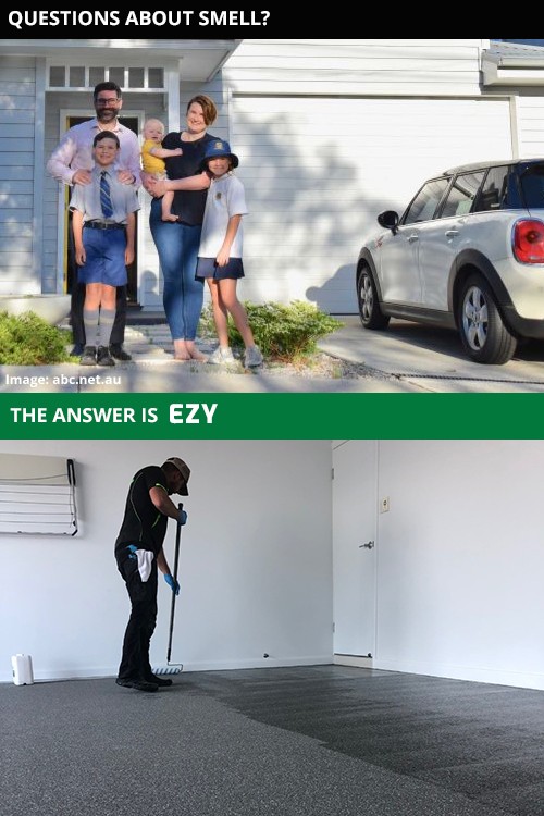 Two photos showing a family standning outside their garage and an installer applying the Garage Granite floor coatings without the need to wear respiratory equipment.