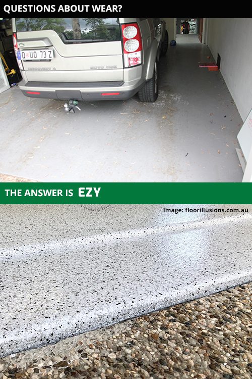 Two photos showing wearing on a painted garage floor and a close-up of the strong, durable front edge of the Garage Granite flooring system that resists wearing.