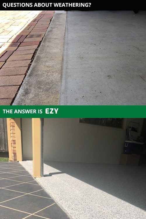 Two photos showing weathering on the concrete apron of a garage floor and the Garage Granite floor coatings that help fight the effects of weathering.