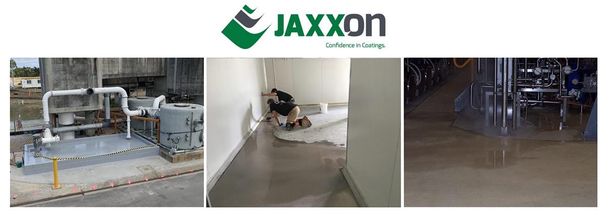 Three photos placed side by side showing Jaxxon coatings being used on industrial epoxy flooring projects.