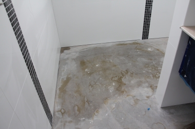 The uncovered concrete in the bathroom before the metallic epoxy floor was installed.