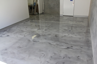 Small business office and workshop after the metallic epoxy floor was installed.
