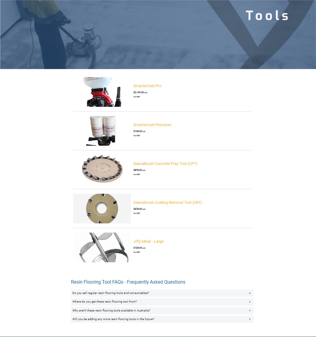 A screen shot of the resin flooring tools page on the Real World Epoxies website.
