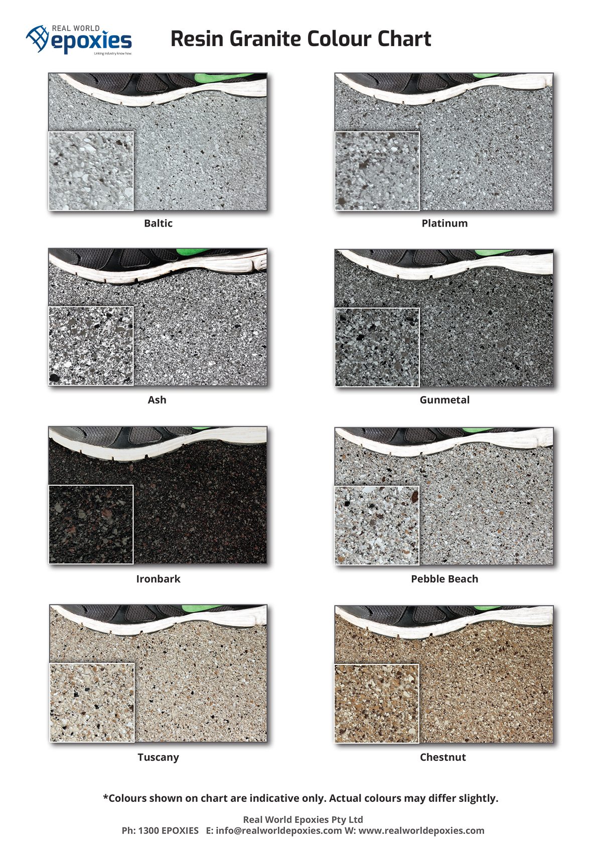 The Resin Granite Flake colour chart containing a range of 8 colour combinations
