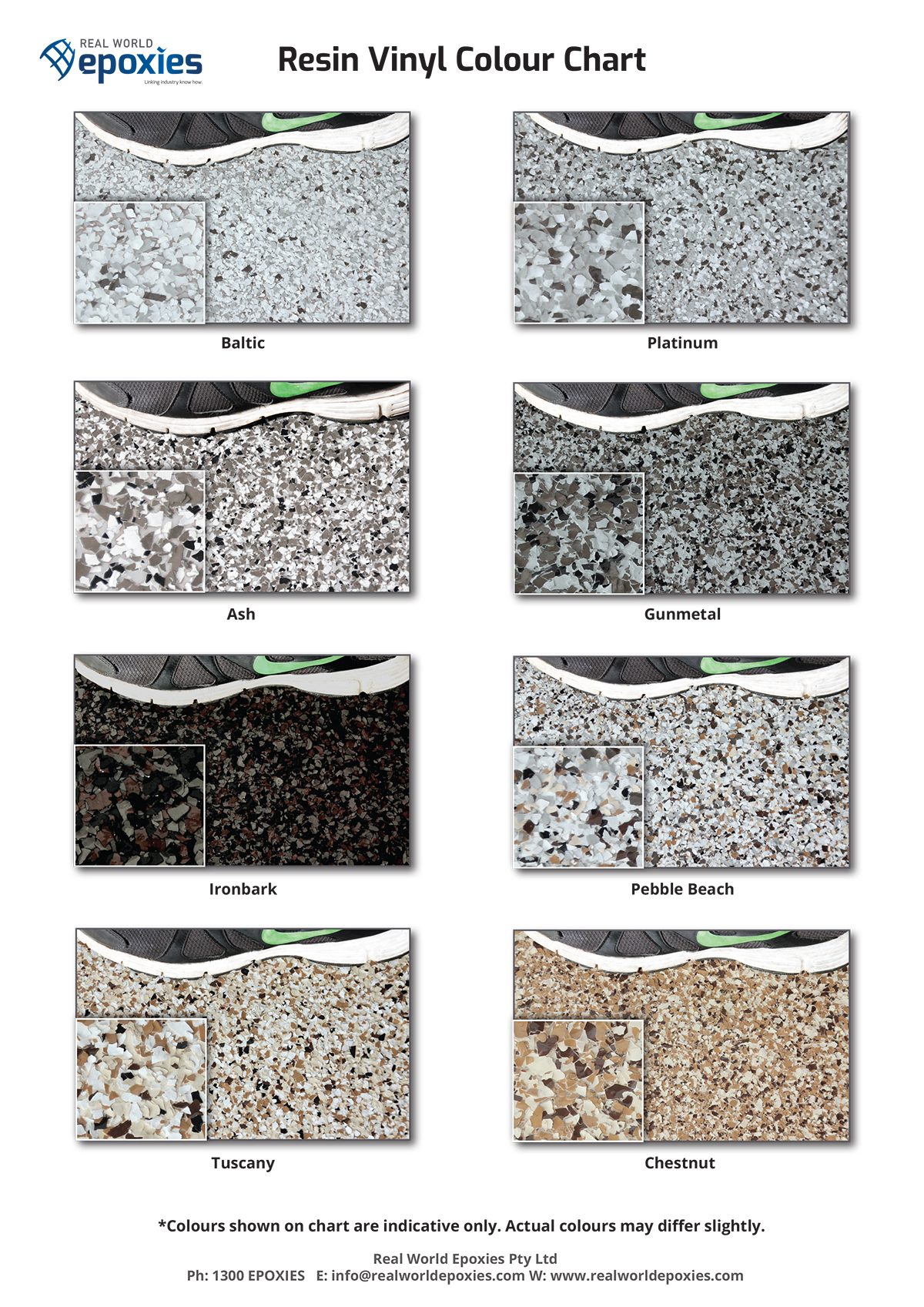 The Resin Vinyl Flake colour chart containing a range of 8 colour combinations.