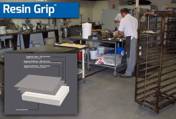 A picture showing a Resin Grip floor in a working commercial kitchen and a diagram of the system composition.