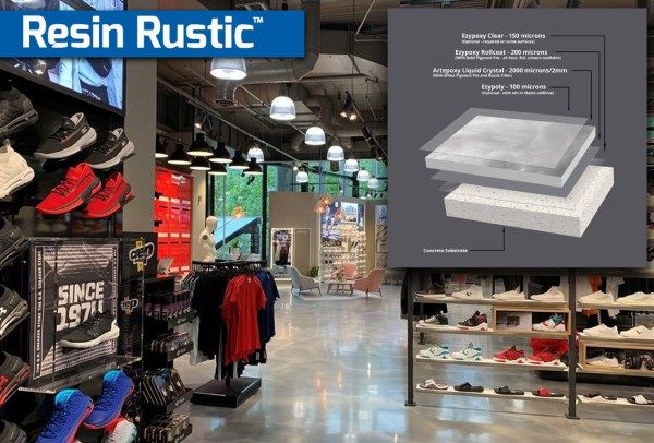 A picture showing a Resin Rustic floor in a retail outlet and a diagram of the system composition.
