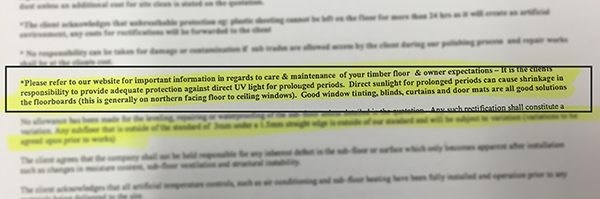 Example of a timber flooring warranty showing a highlighted clause around UV protection.
