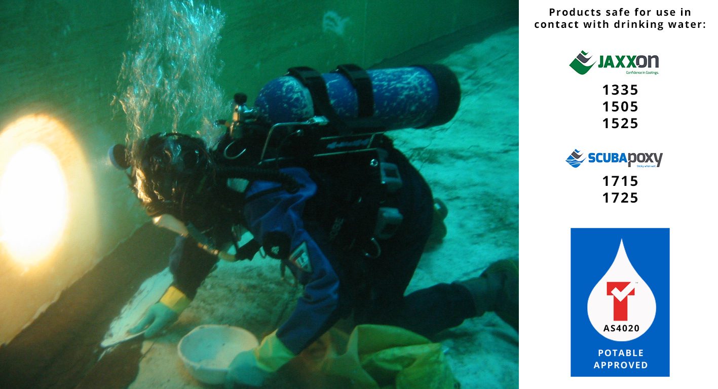 A picture showing a diver applying Scubapoxy in a tank and a list of the potable water approved products.