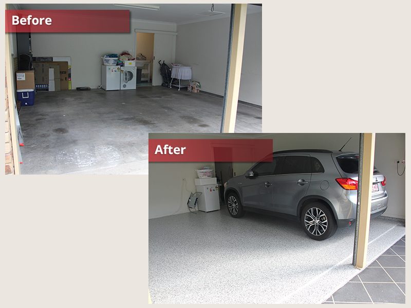 Before and after shots of an epoxy flake floor in a residential garage.