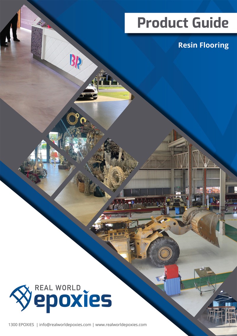 The front cover of the Real World Epoxies resin flooring product guide.