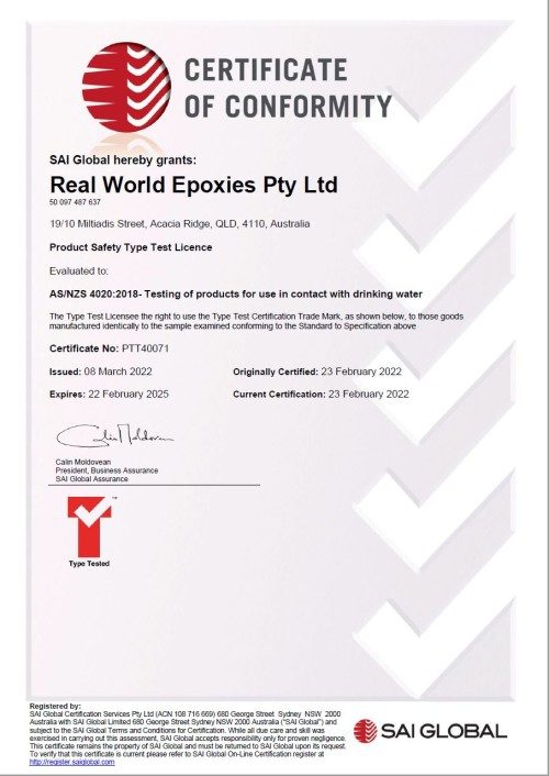 A small thumbnail image of the potable water certificate awarded to Real World Epoxies.