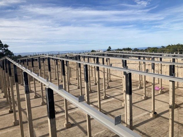 The internal beams and other support structures of a water tank.