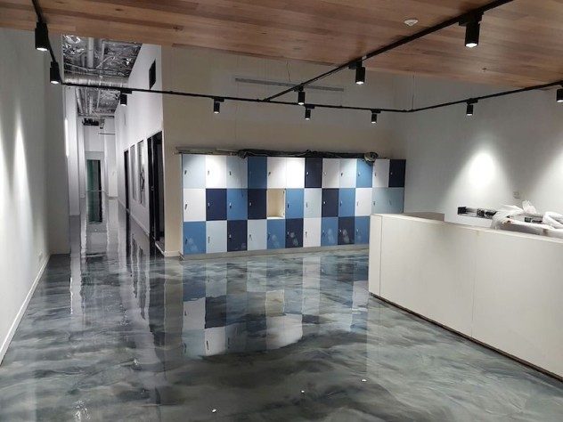 Artepoxy Liquid Marble installed in the foyer and throughout the walkways of a new gym.