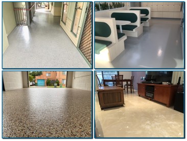 A composite photo showing four different types of commercial epoxy flooring.