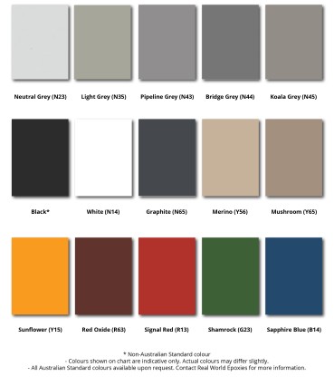 An image of the Real World Epoxies solid colour chart that's included in the Resin Grip brochure.