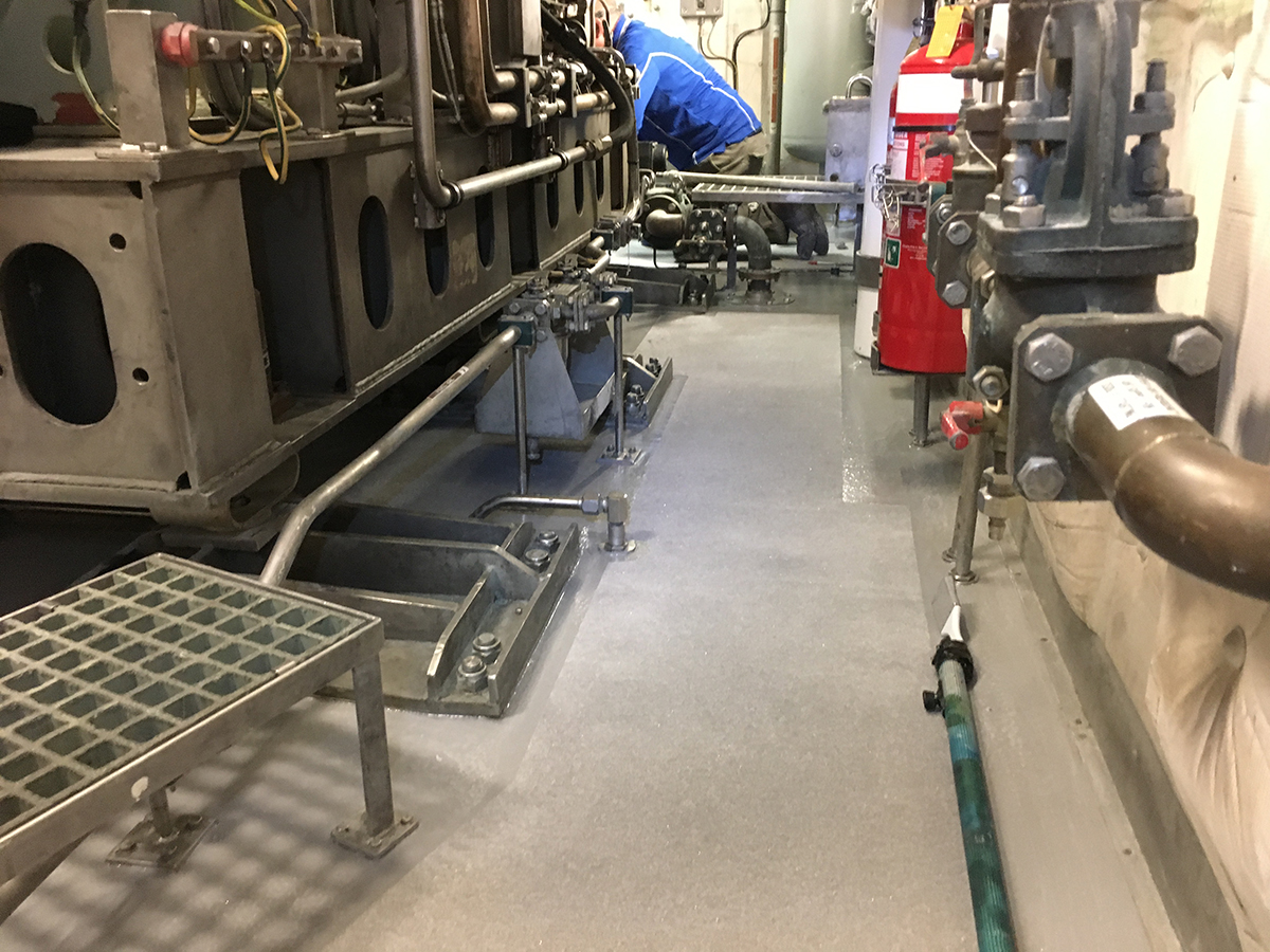 An industrial epoxy flooring system from Real World Epoxies onboard a navy vessel.
