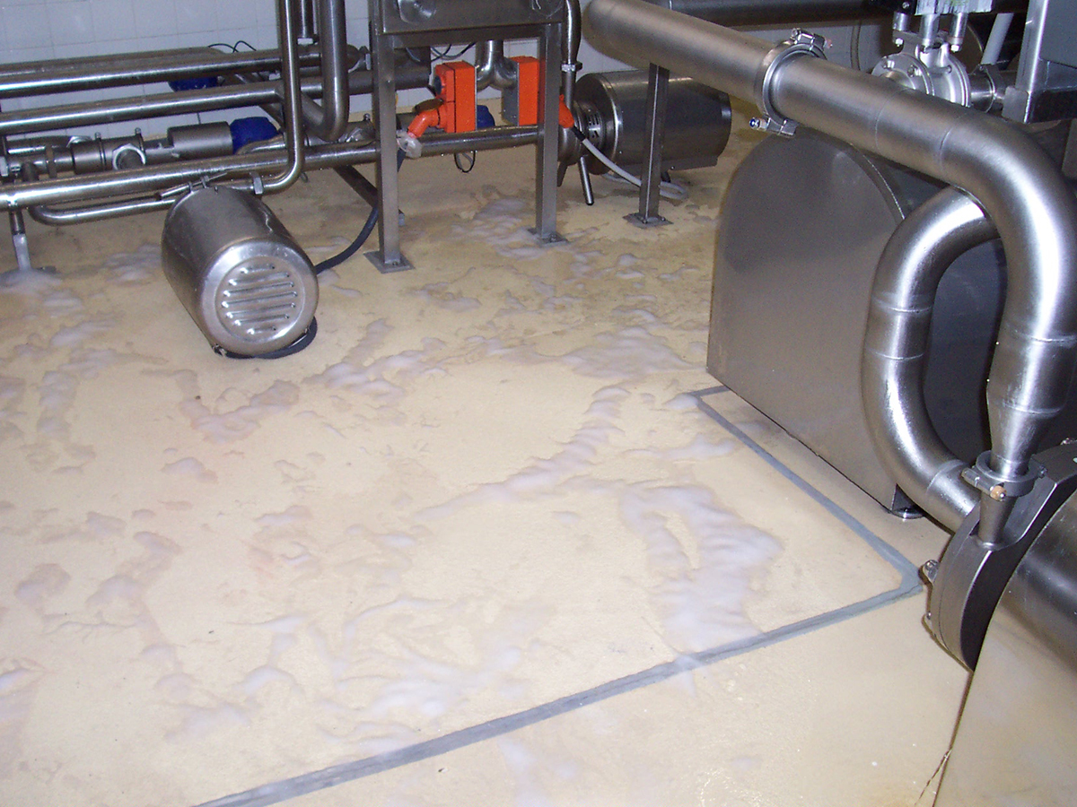 An industrial epoxy flooring system from Real World Epoxies applied in the processing area of a food production plant.