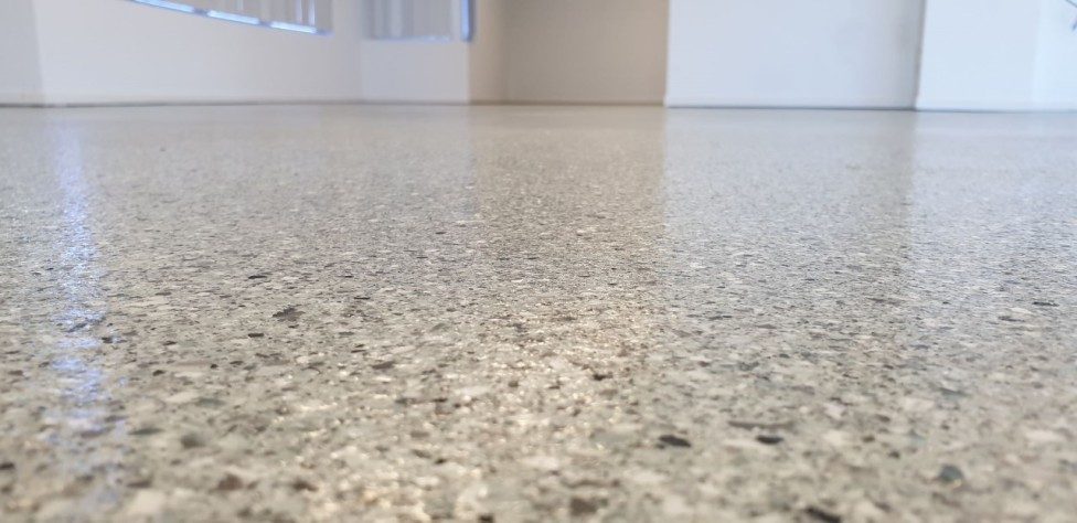 A low-angle shot of the Resin Granite system in a residential garage.
