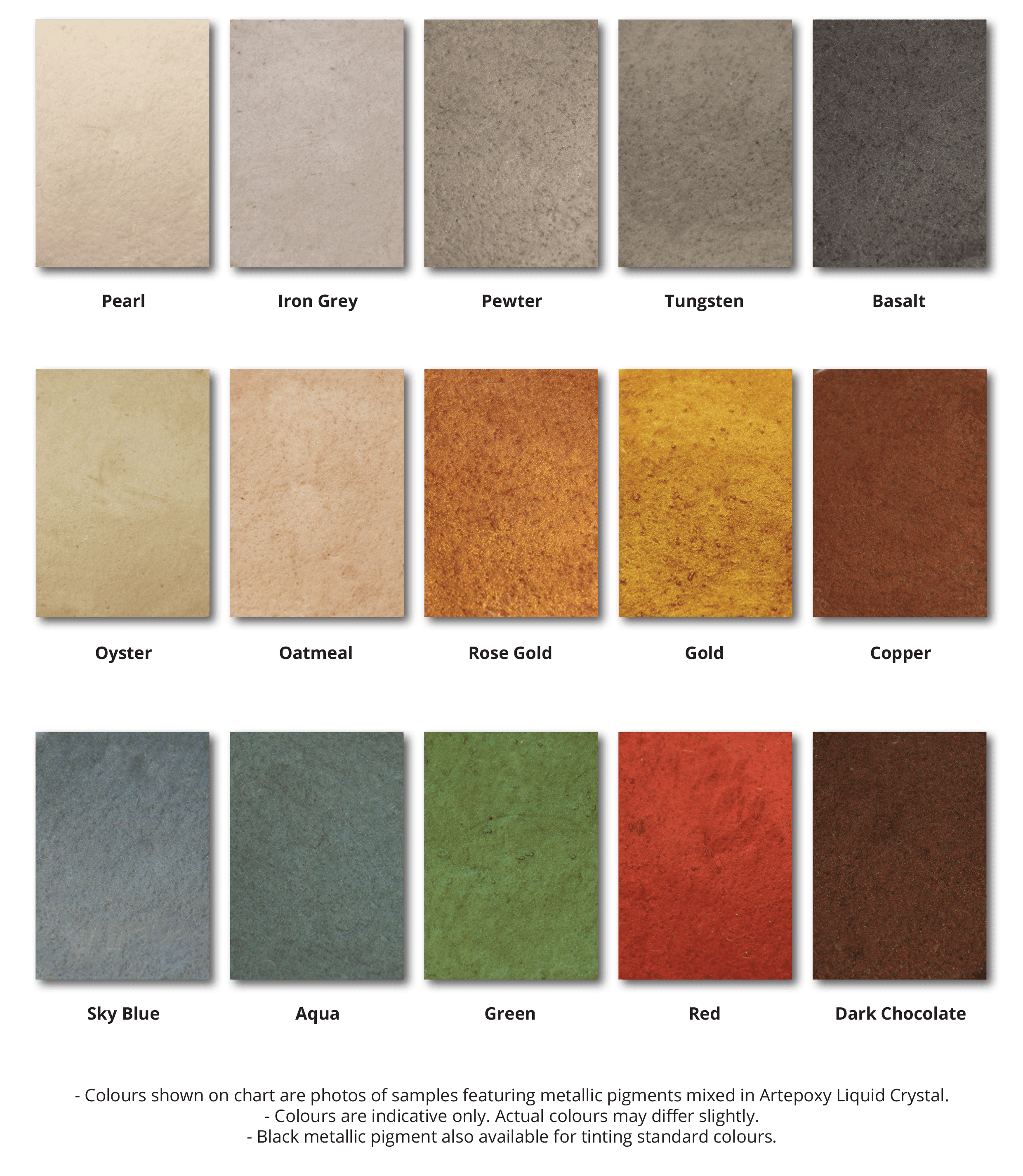 An image of the Real World Epoxies metallic colour chart that's included in the Resin Marble brochure.