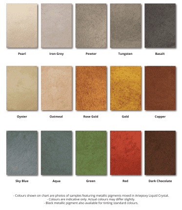 An image of the Real World Epoxies metallic colour chart that's included in the Resin Marble brochure.