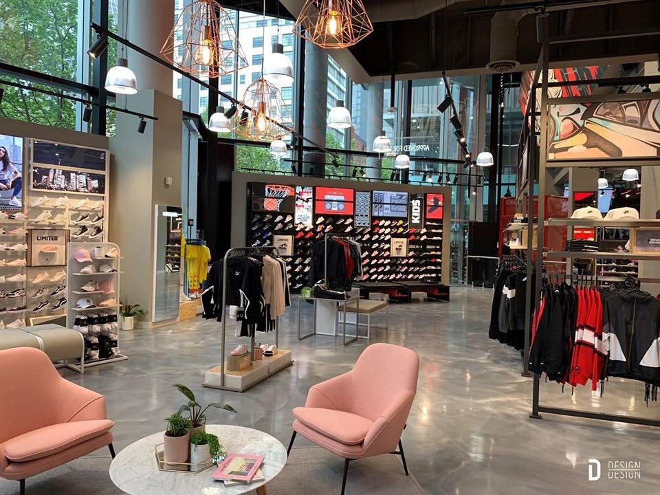 The finished Footlocker store, complete with all new displays and the striking decorative epoxy floor in custom Tungsten colour.