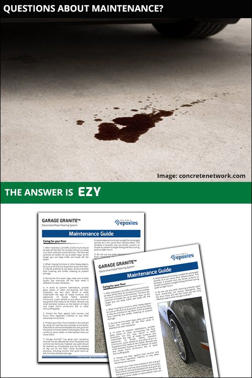 Picture of an oil spill on a floor coating and picture of floor coating maintenance notes.