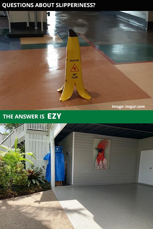 Picture of a wet, slippery floor and picture of a non-slip epoxy floor using a non-slip particle in the Ezypoly floor coating.
