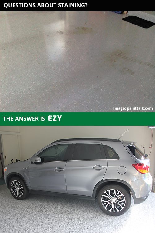 Picture of staining on a normal floor coating and picture without staining on the Ezypoly floor coating.